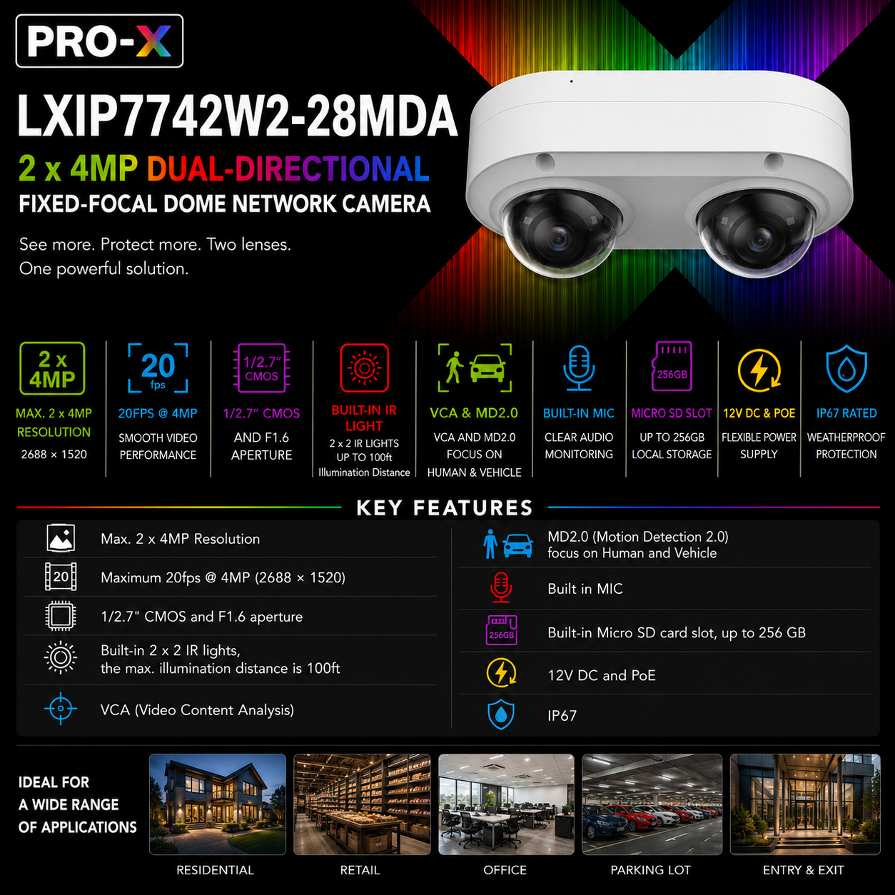 LTS Pro-X LXIP7742W2-28MDA 2x4MP Dual Lens IP PoE 100ft IR Mic NDAA Dome Camera