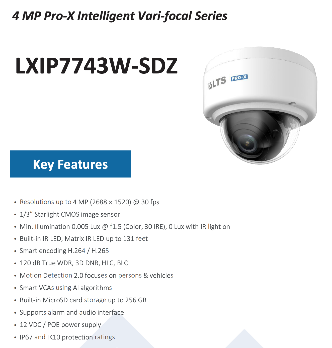 LTS Pro-X LXIP7743W-SDZ Pro-X IP 4MP 2.7-13.5mm 131ft IR WDR Built in Mic Ai Dome Camera
