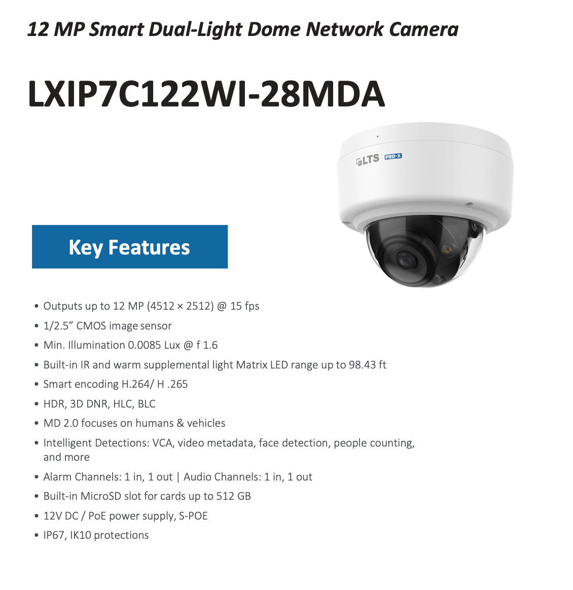 LTS Pro-X LXIP7C122WI-28MDA IP 12MP/5K 2.8 mm 98ft IR & LED Mic Vandal NDAA Dome Camera