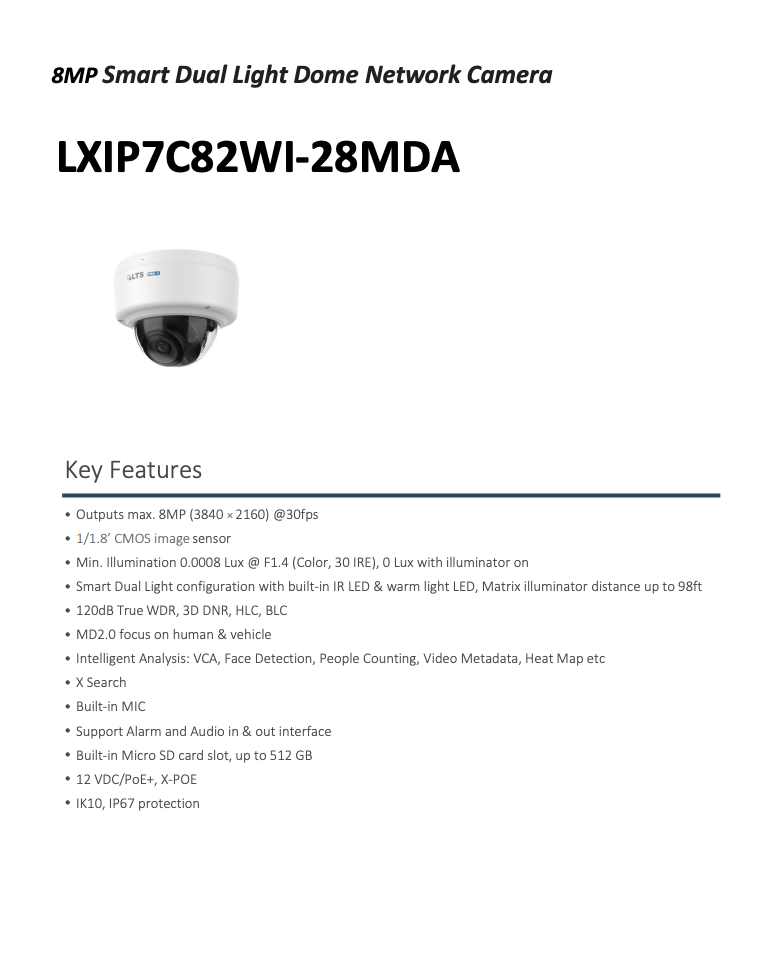 LTS Pro-X LXIP7C82WI-28MDA IP 8MP 2.8mm 98ft Color Dual-Light Built-In Mic NDAA Dome Camera Replacement for LXIP7C82WI-28SD