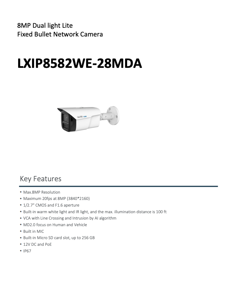 LTS Pro-X LXIP8582WE-28MDA IP 8MP 2.8mm 100ft Color Dual-Light Built-In Mic NDAA Bullet Camera Replacement for LXIP8582W-28MDA, LXIP8182W-28M