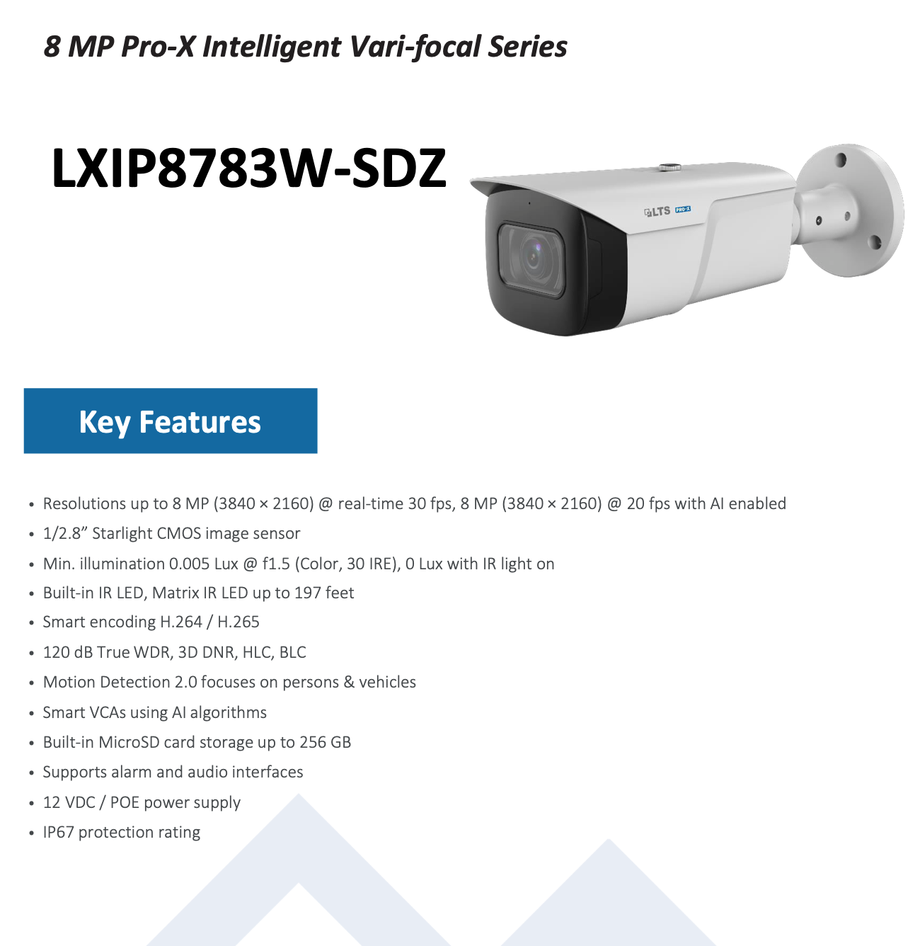 LTS Pro-X LXIP8783W-SDZ PRO-X 8MP/4K 2.7-13.5mm VF Lens WDR Ai 197ft IR PoE Bullet Camera