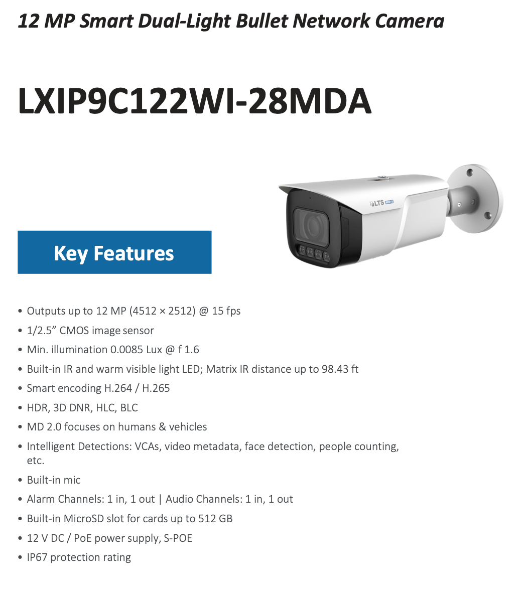 LTS Pro-X LXIP9C122WI-28MDA IP 12MP/5K 2.8 mm 98ft IR & LED Hybrid Mic NDAA Bullet Camera
