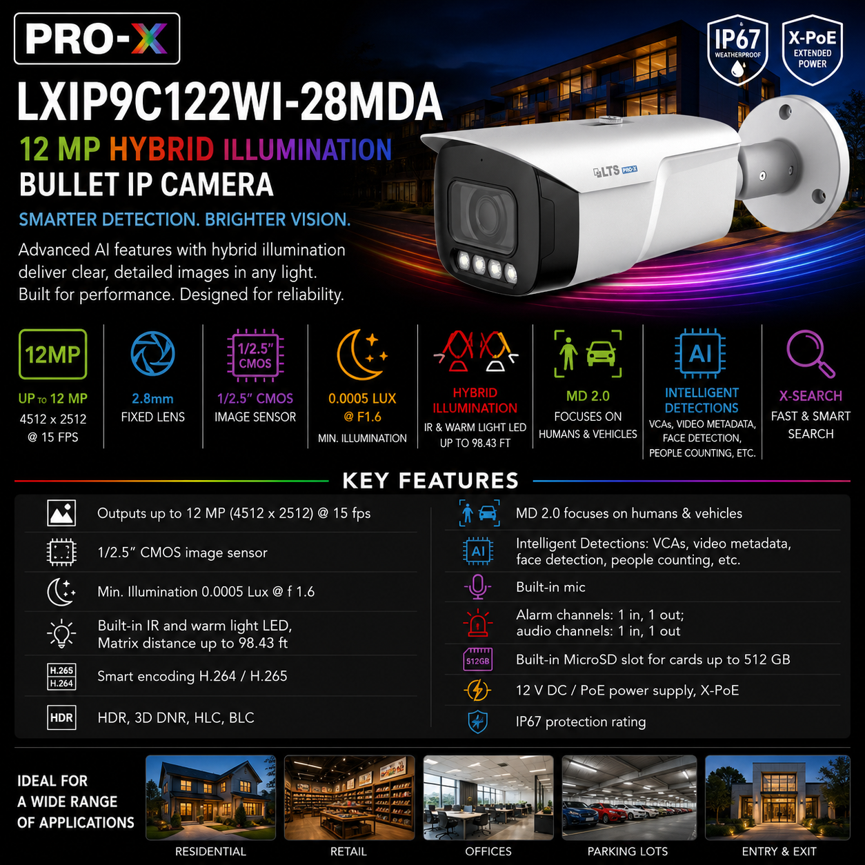 LTS Pro-X LXIP9C122WI-28MDA IP 12MP/5K 2.8 mm 98ft IR & LED Hybrid Mic NDAA Bullet Camera