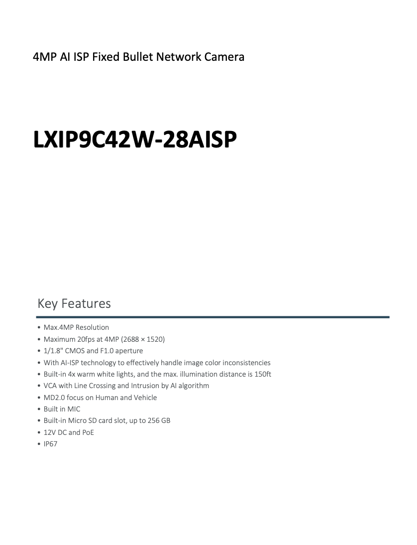LTS Pro-X LXIP9C42W-28AISP IP 4MP AI ISP 2.8mm Full-Color Night Vision PoE Bullet Camera