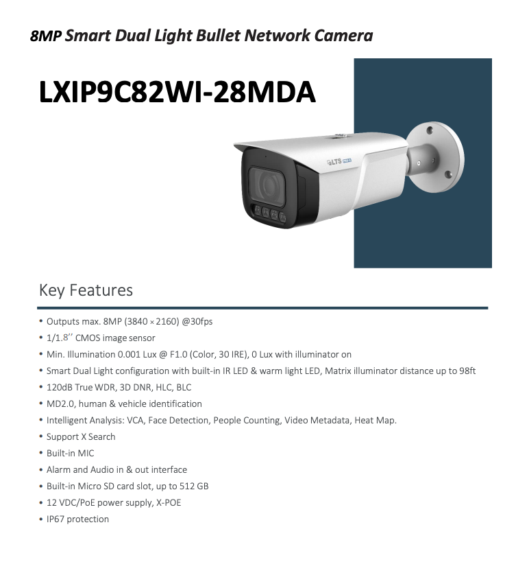 LTS Pro-X LXIP9C82WI-28MDA IP 8MP/4K 2.8mm 98ft Smart Dual Light Mic WDR Ai Bullet Camera