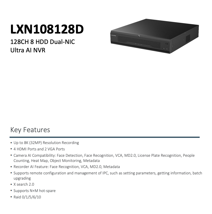 LTS Pro-X LXN108128D IP 128CH Up to 8K/32MP 1408Mbps 4xHDMI 2xVGA 8xSATA Ultra Ai NDAA NVR