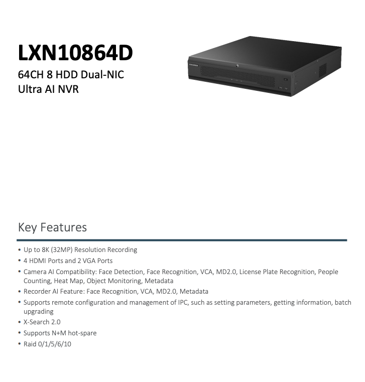 LTS Pro-X LXN10864D IP 64CH 1408Mbps Up to 8K/32MP 8xSATA 4xHDMI 2xVGA 2xLan Ultra Ai NDAA NVR