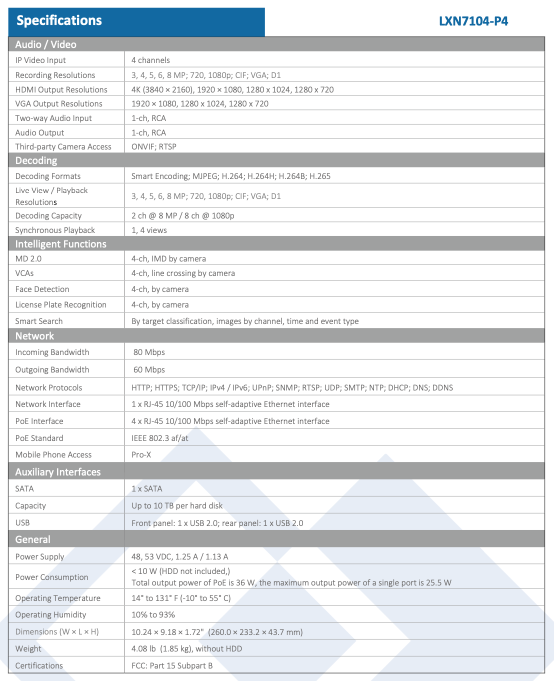 LTS Pro-X LXN7104-P4 4CH IP Up to 8MP 4 Port PoE Ai Face Detection 4K HDMI NDAA NVR
