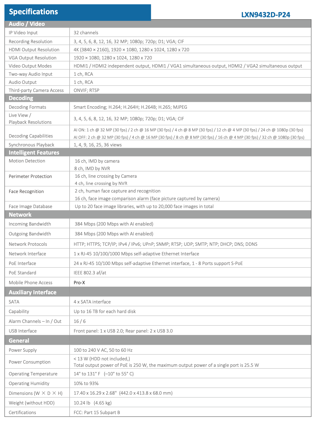 LTS Pro-X LXN9432D-P24 32CH IP 24 Port PoE Up to 32MP Resolution 4xSATA Ai X-Search 4K NVR