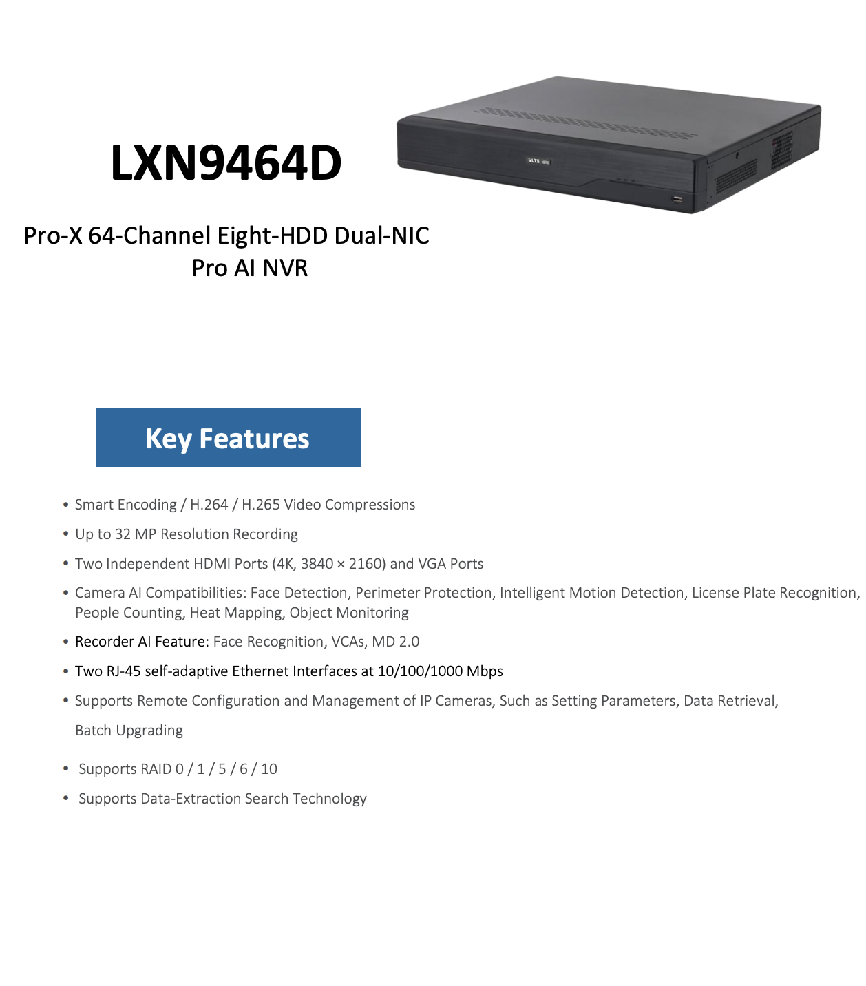 LTS Pro-X LXN9464D Pro-X 64CH IP Up to 8K/32MP Human & Vehicle Detection 8 x SATA NDAA NVR