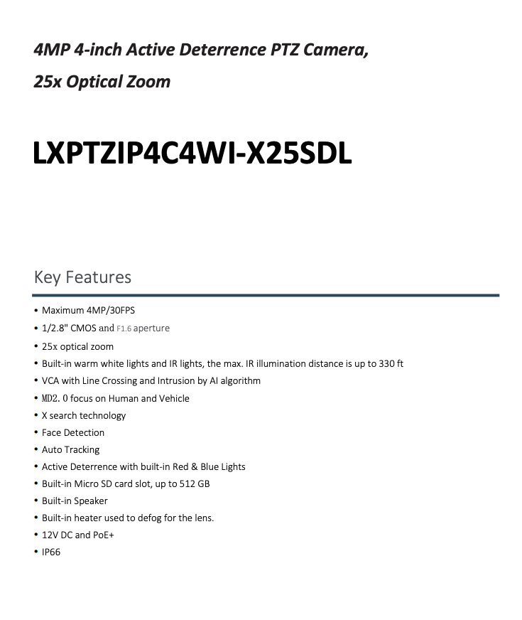LTS Pro-X LXPTZIP4C4WI-X25SDL IP 4MP 25X PTZ ColorHybrid Auto Tracking Active Deterrence NDAA Camera Replacement for LXPTZIP414W-X25IR