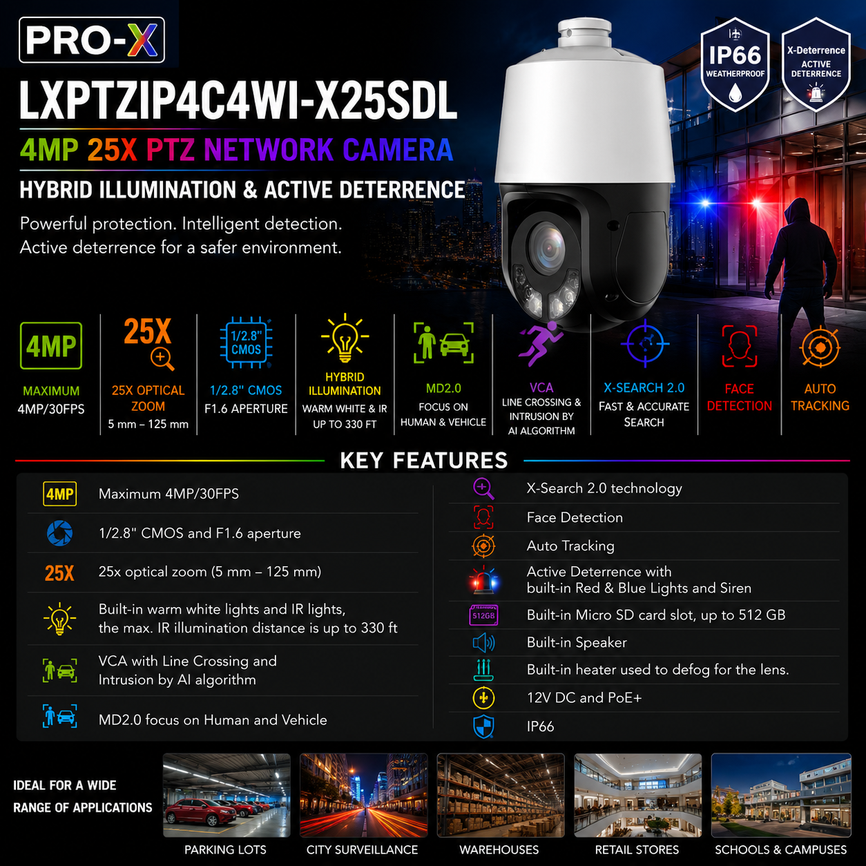 LTS Pro-X LXPTZIP4C4WI-X25SDL IP 4MP 25X PTZ ColorHybrid Auto Tracking Active Deterrence NDAA Camera Replacement for LXPTZIP414W-X25IR
