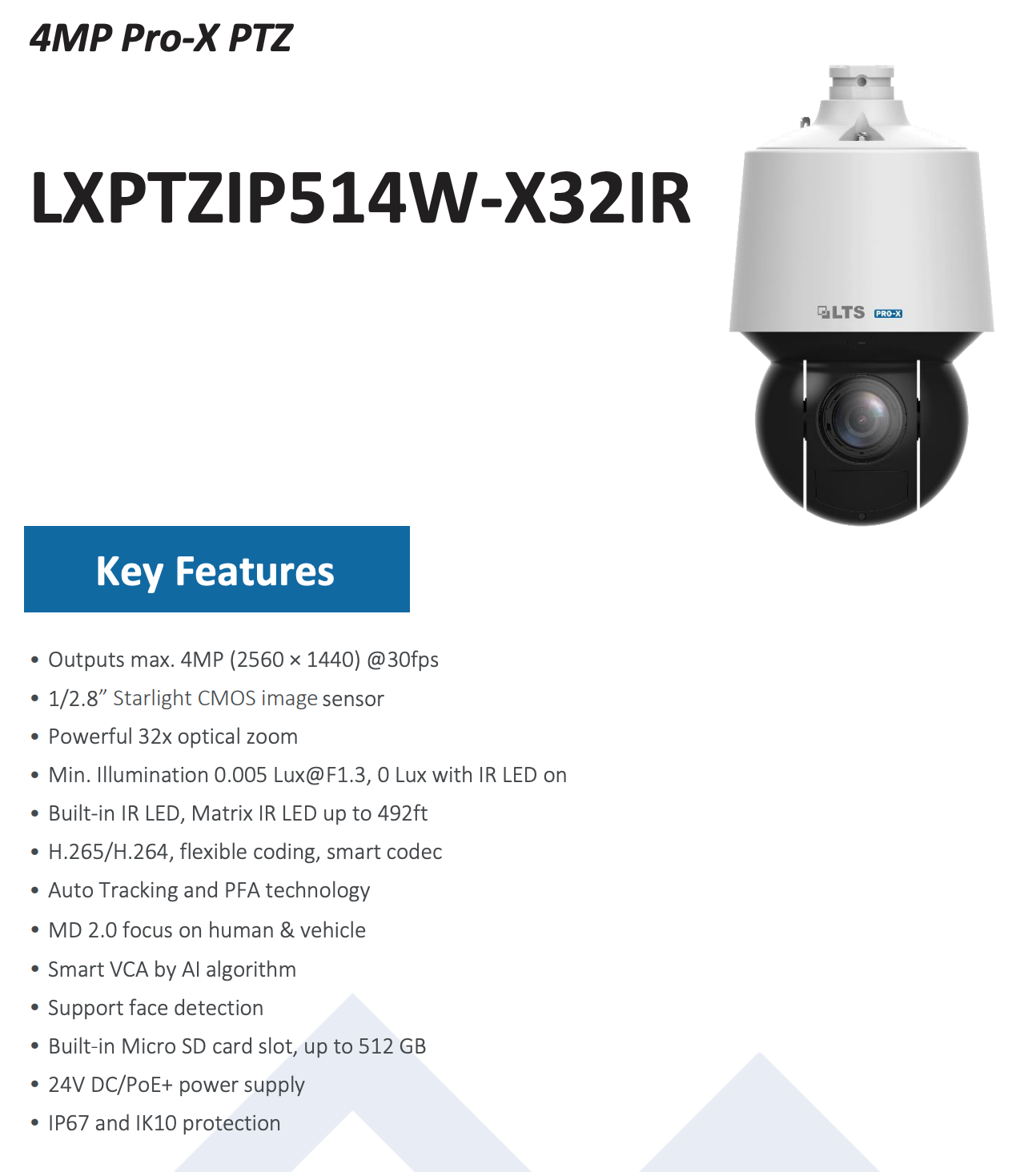 LTS Pro-X LXPTZIP514W-X32IR PRO-X IP 4MP 4.8-154mm 32x 492ft IR Auto Tracking PTZ NDAA Camera