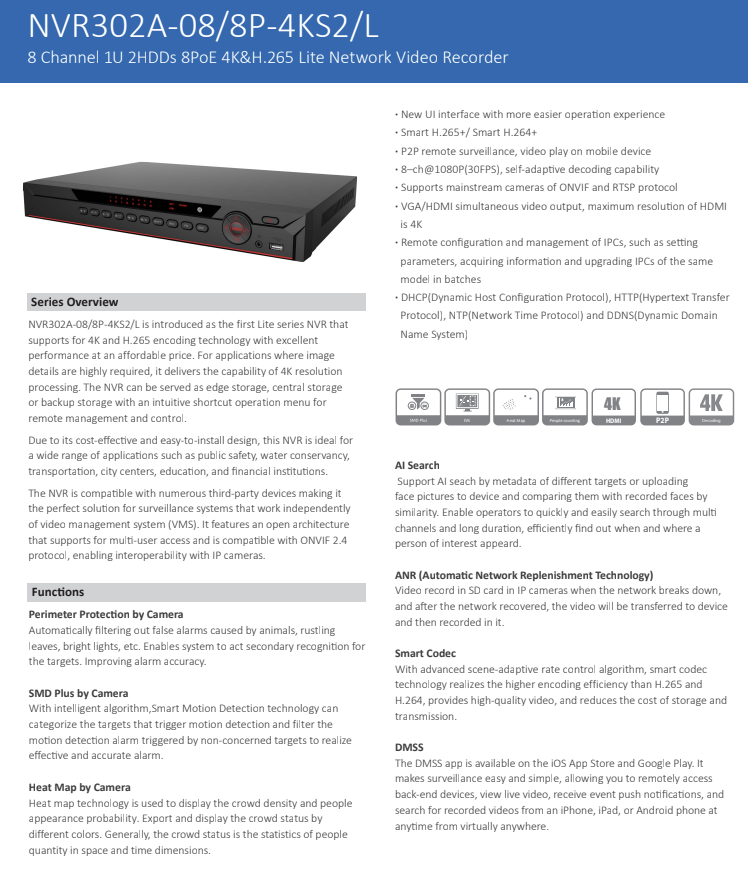 ENS Diamond NVR302A-08/8P-4KS2/L 8CH IP 8MP/30fps 160/64 Mbps 8 Port PoE HDMI 4K 2 SATA NVR