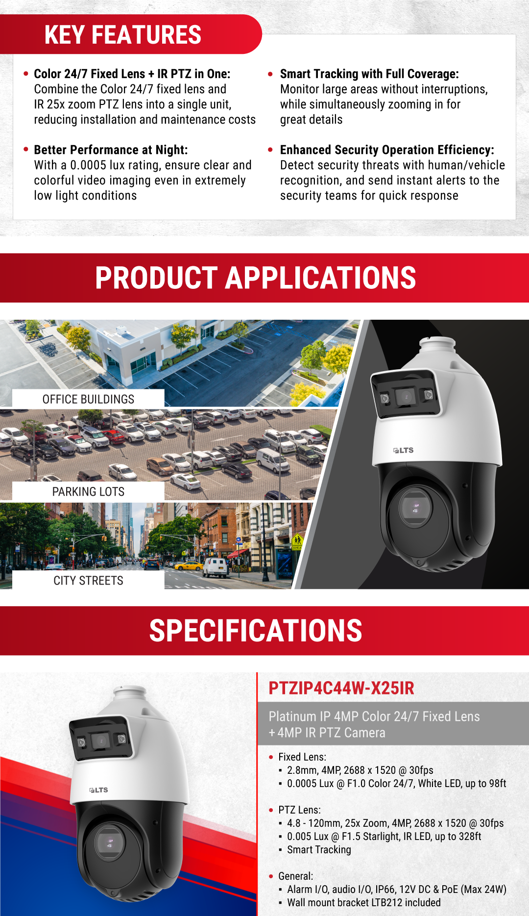 LTS Platinum PTZIP4C44W-X25IR IP 4MP 2.8mm Color & 4.8-120mm Tracking Dual Lens PTZ Camera